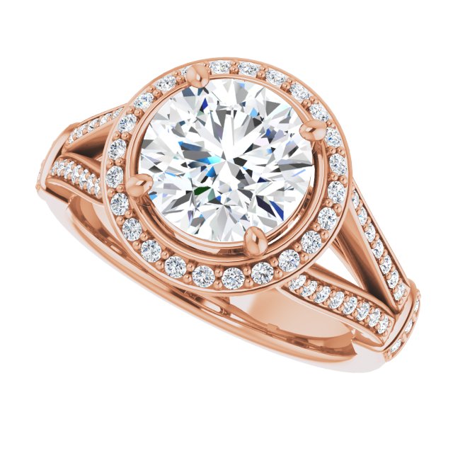 Cubic Zirconia Engagement Ring- The Cecelia (Customizable Round Cut Setting with Halo, Under-Halo Trellis Accents and Accented Split Band)