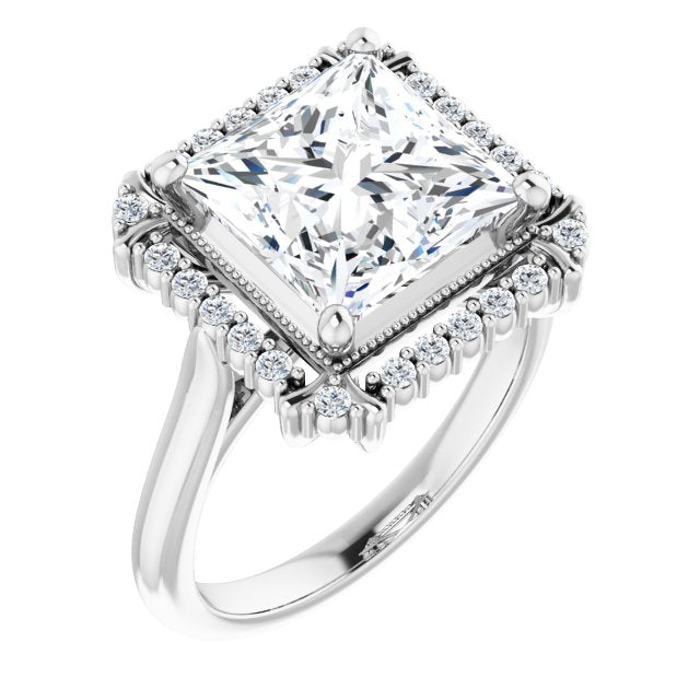 10K White Gold Customizable Princess/Square Cut Design with Majestic Crown Halo and Raised Illusion Setting