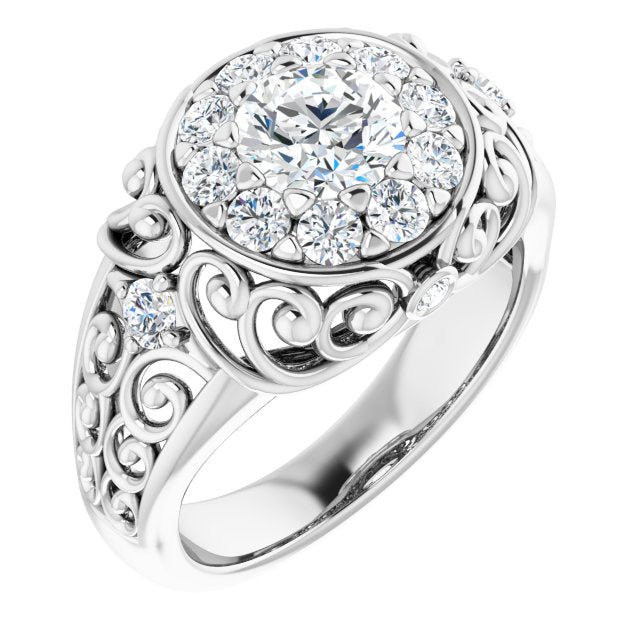 Cubic Zirconia Engagement Ring- The Vanessa (Customizable Round Cut Halo Style with Round Prong Side Stones and Intricate Metalwork)