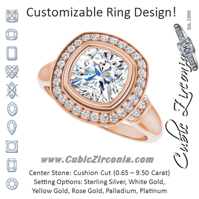 Cubic Zirconia Engagement Ring- The Vilde (Customizable Bezel-set Cushion Cut Design with Halo and Vertical Round Channel Accents)
