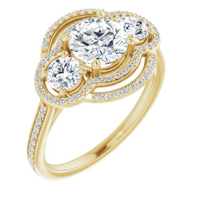 10K Yellow Gold Customizable Enhanced 3-stone Double-Halo Style with Round Cut Center and Thin Band