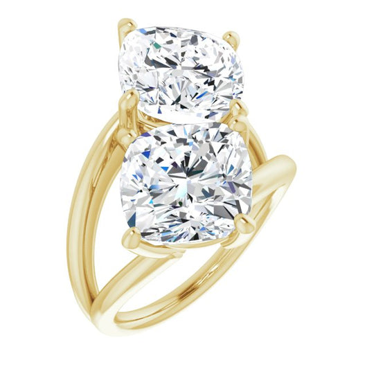 10K Yellow Gold Customizable Two Stone Double Cushion Cut Design with Split Bypass Band