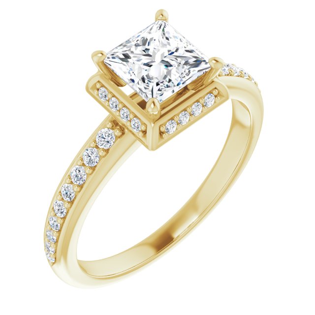 10K Yellow Gold Customizable Princess/Square Cut Design with Geometric Under-Halo and Shared Prong Band