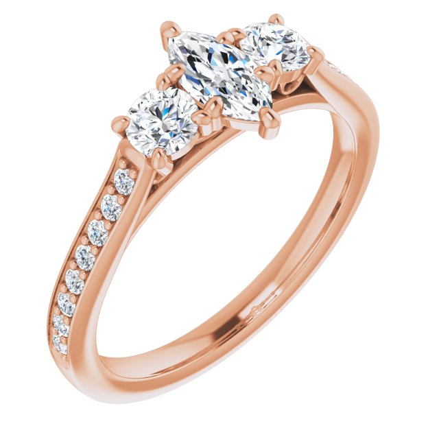 10K Rose Gold Customizable Marquise Cut Cathedral Setting with Filigree Design and Shared Prong Band
