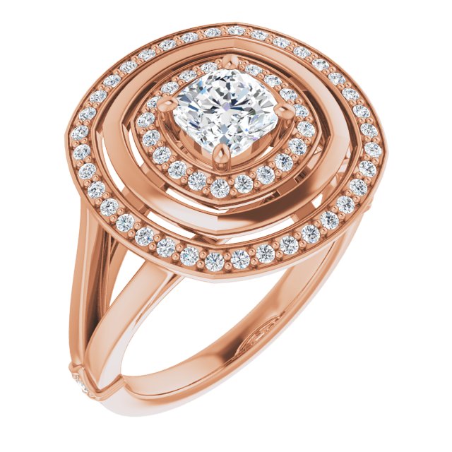 10K Rose Gold Customizable Cushion Cut Oversized 2x Halo Style with Knuckle Accented Split Band