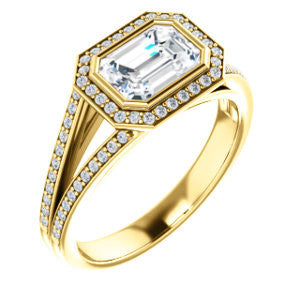 Cubic Zirconia Engagement Ring- The Kay Adaira (Customizable Bezel-set Emerald Cut with Halo and Split-Pavé Band)