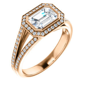 Cubic Zirconia Engagement Ring- The Kay Adaira (Customizable Bezel-set Emerald Cut with Halo and Split-Pavé Band)