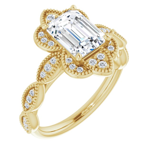 Cubic Zirconia Engagement Ring- The Huá (Customizable Cathedral-style Radiant Cut Design with Floral Segmented Halo & Milgrain+Accents Band)