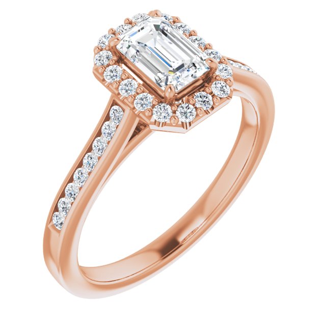 10K Rose Gold Customizable Emerald/Radiant Cut Design with Halo, Round Channel Band and Floating Peekaboo Accents