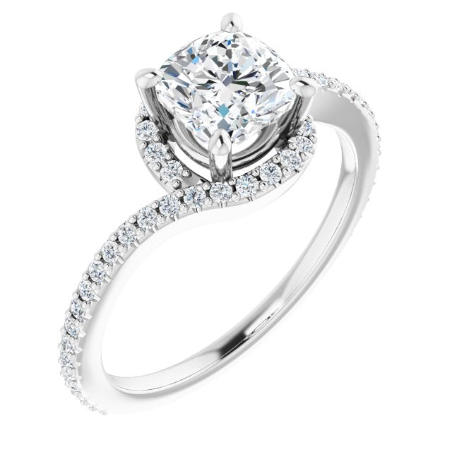 10K White Gold Customizable Artisan Cushion Cut Design with Thin, Accented Bypass Band