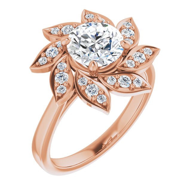 10K Rose Gold Customizable Round Cut Design with Artisan Floral Halo