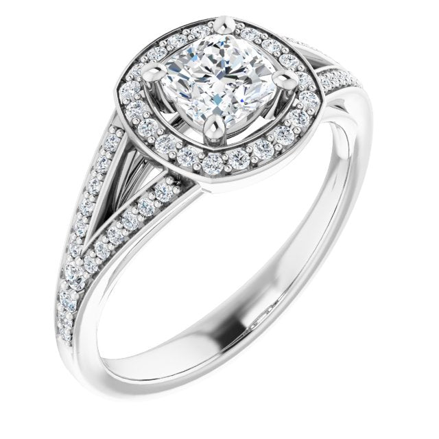 10K White Gold Customizable Cathedral-Halo Cushion Cut Style featuring Split-Shared Prong Band