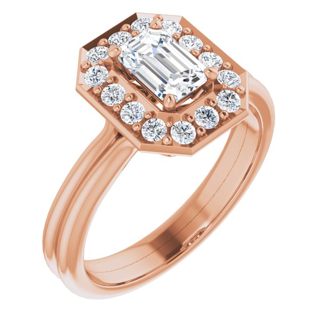10K Rose Gold Customizable Cluster-Halo Accented Emerald/Radiant Cut Style with Tapered Dual Band
