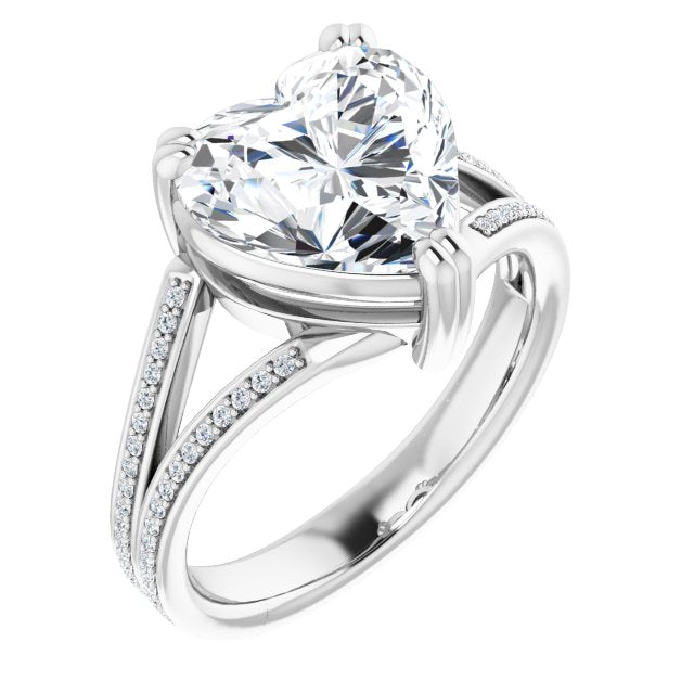 10K White Gold Customizable Heart Cut Center with 100-stone* "Waterfall" Pavé Split Band