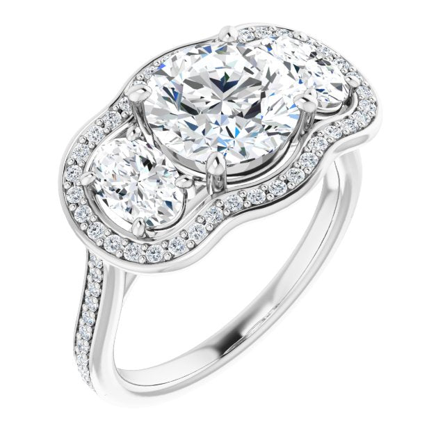 18K White Gold Customizable Round Cut Style with Oval Cut Accents, 3-stone Halo & Thin Shared Prong Band
