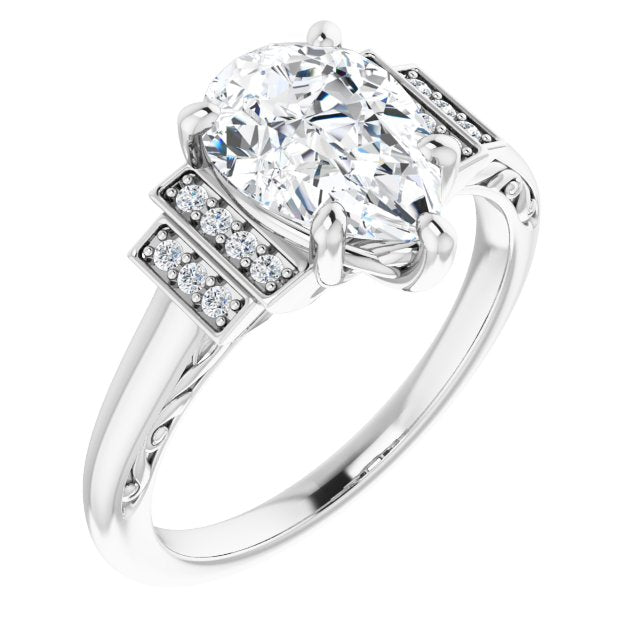 Cubic Zirconia Engagement Ring- The Brynhild (Customizable Engraved Design with Pear Cut Center and Perpendicular Band Accents)