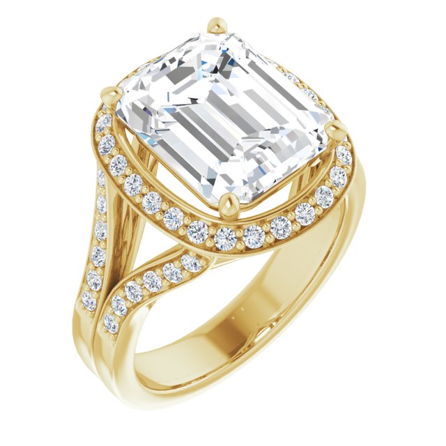 10K Yellow Gold Customizable Emerald/Radiant Cut Halo Style with Accented Split-Band