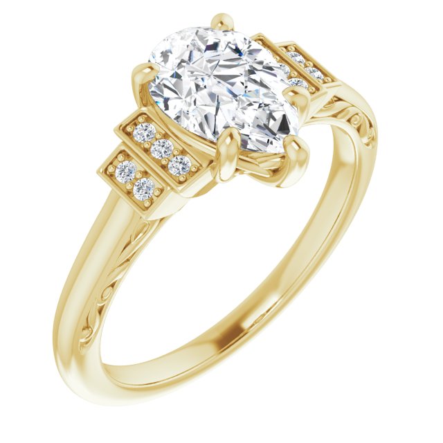 10K Yellow Gold Customizable Engraved Design with Pear Cut Center and Perpendicular Band Accents