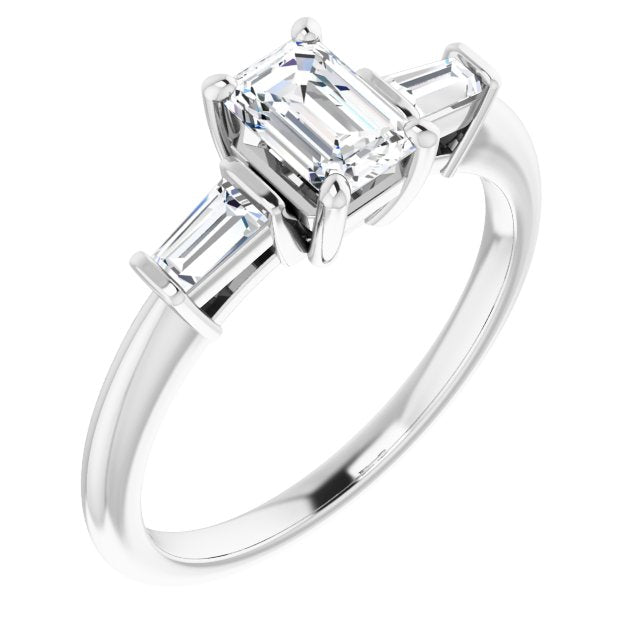 10K White Gold Customizable 3-stone Emerald/Radiant Cut Design with Dual Baguette Accents)