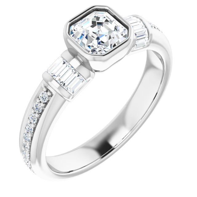 10K White Gold Customizable Cathedral-Bezel Asscher Cut Style with Horizontal Baguettes & Shared Prong Band