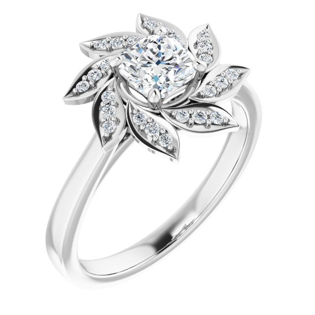 14K White Gold Customizable Cushion Cut Design with Artisan Floral Halo
