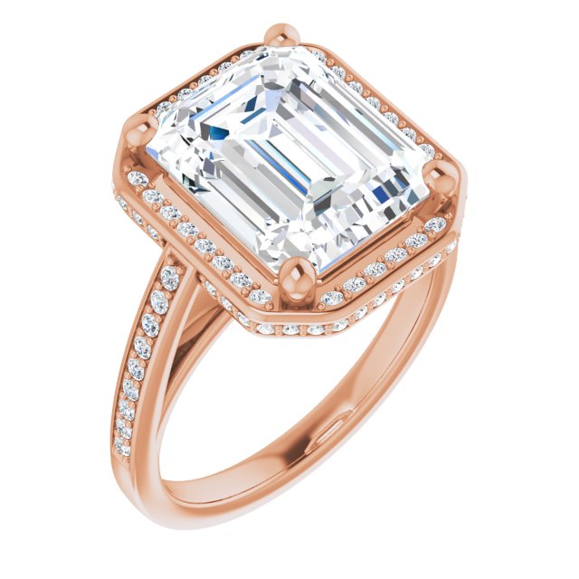 10K Rose Gold Customizable Cathedral-Halo Emerald/Radiant Cut Design with Under-halo & Shared Prong Band