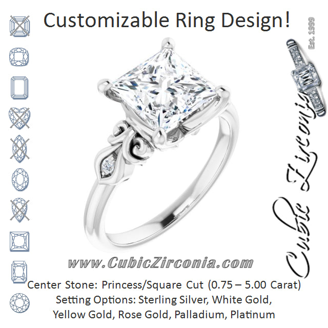 Cubic Zirconia Engagement Ring- The Natsumi (Customizable 3-stone Princess/Square Cut Design with Small Round Accents and Filigree)