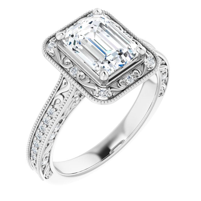 Cubic Zirconia Engagement Ring- The Eowyn (Customizable Vintage Artisan Emerald Cut Design with 3-Sided Filigree and Side Inlay Accent Enhancements)