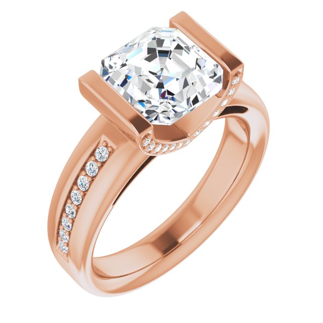 10K Rose Gold Customizable Cathedral-Bar Asscher Cut Design featuring Shared Prong Band and Prong Accents