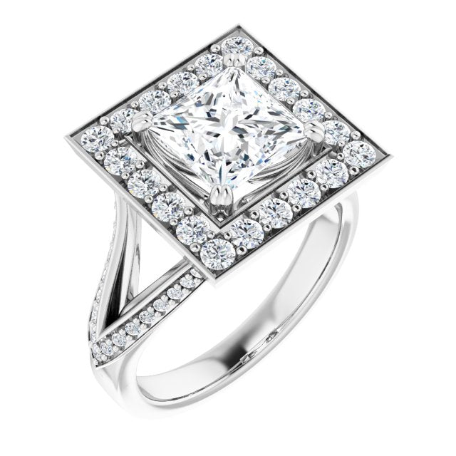 10K White Gold Customizable Princess/Square Cut Center with Large-Accented Halo and Split Shared Prong Band