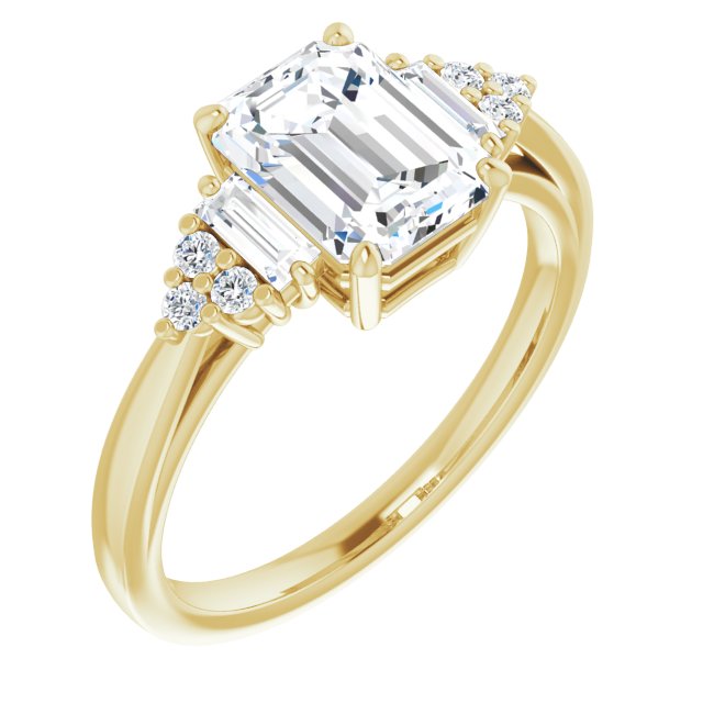 Cubic Zirconia Engagement Ring- The Barb (Customizable 9-stone Design with Emerald Cut Center, Side Baguettes and Tri-Cluster Round Accents)