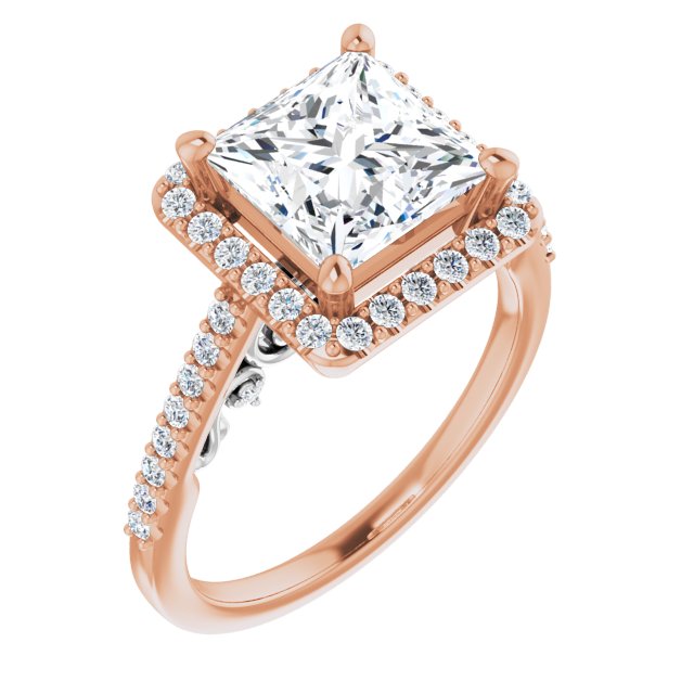 14K Rose & White Gold Customizable Cathedral-Halo Princess/Square Cut Design with Carved Metal Accent plus Pavé Band