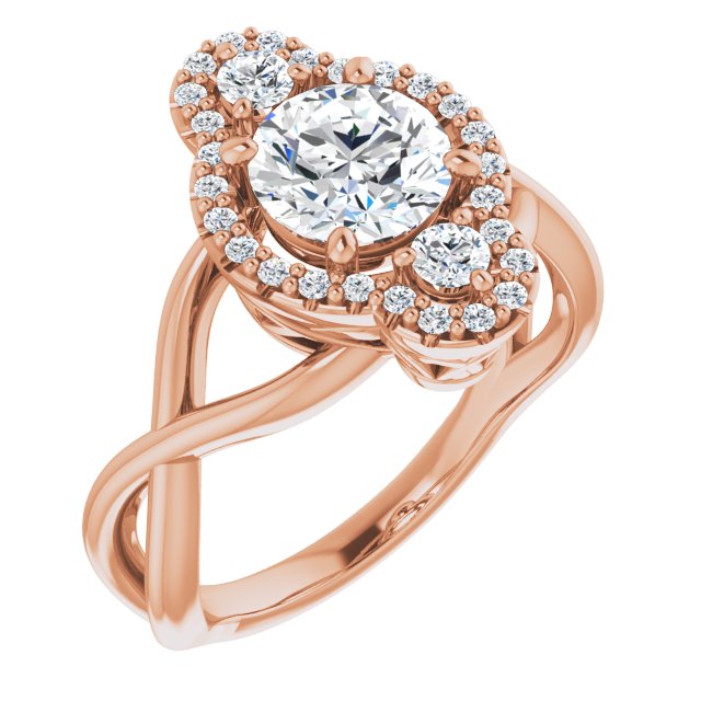10K Rose Gold Customizable Vertical 3-stone Round Cut Design Enhanced with Multi-Halo Accents and Twisted Band