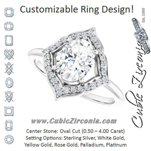 Cubic Zirconia Engagement Ring- The Casie Jean (Customizable Oval Cut Style with Artistic Equilateral Halo and Ultra-thin Band)