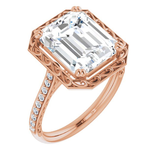 10K Rose Gold Customizable Emerald/Radiant Cut Halo Design with Filigree and Accented Band
