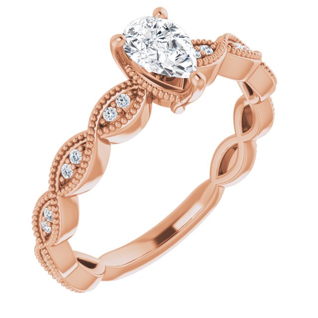 10K Rose Gold Customizable Pear Cut Artisan Design with Scalloped, Round-Accented Band and Milgrain Detail