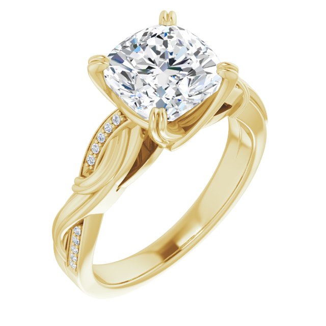 10K Yellow Gold Customizable Cathedral-raised Cushion Cut Design featuring Rope-Braided Half-Pavé Band
