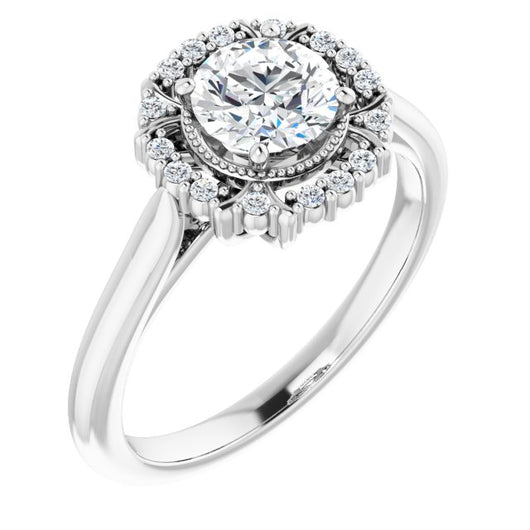 10K White Gold Customizable Round Cut Design with Majestic Crown Halo and Raised Illusion Setting