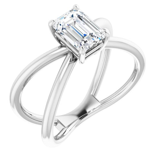 10K White Gold Customizable Emerald/Radiant Cut Solitaire with Semi-Atomic Symbol Band