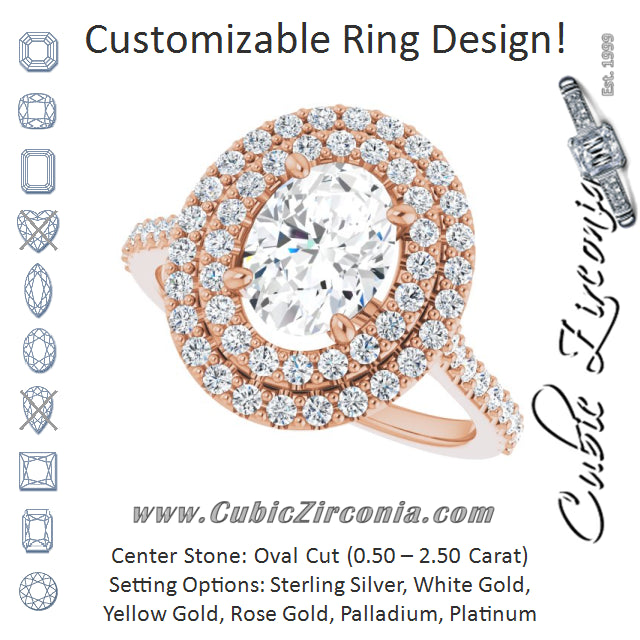 Cubic Zirconia Engagement Ring- The Danielle (Customizable Double-Halo Oval Cut Design with Accented Split Band)