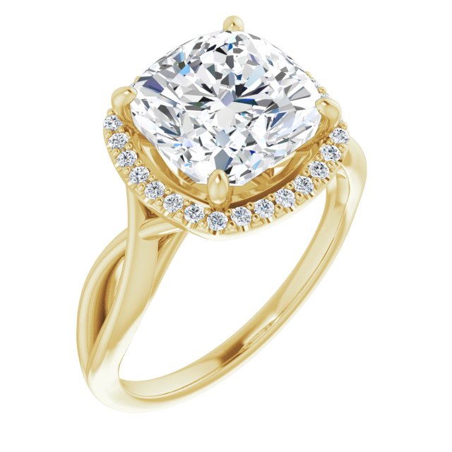 10K Yellow Gold Customizable Cathedral-Halo Cushion Cut Design with Twisting Split Band