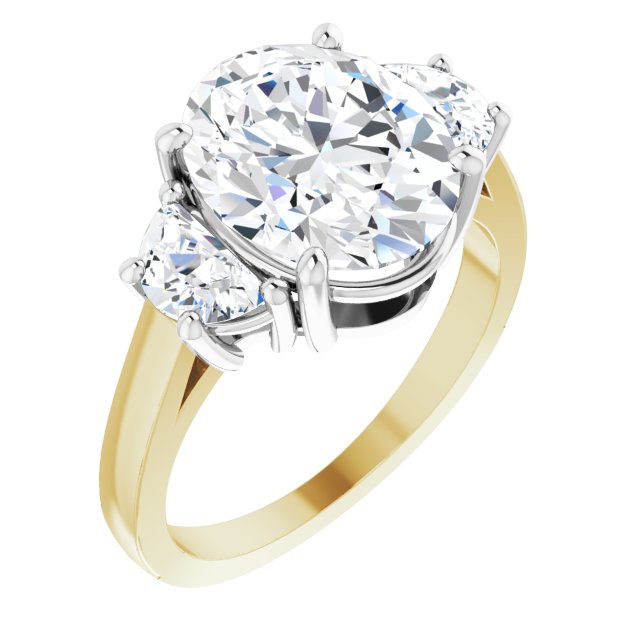14K Yellow & White Gold Customizable 3-stone Design with Oval Cut Center and Half-moon Side Stones