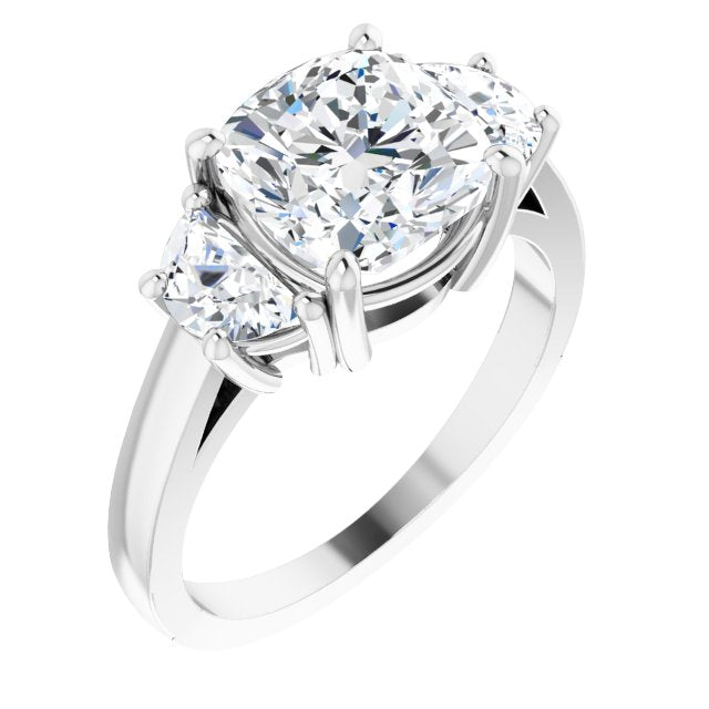 10K White Gold Customizable 3-stone Design with Cushion Cut Center and Half-moon Side Stones