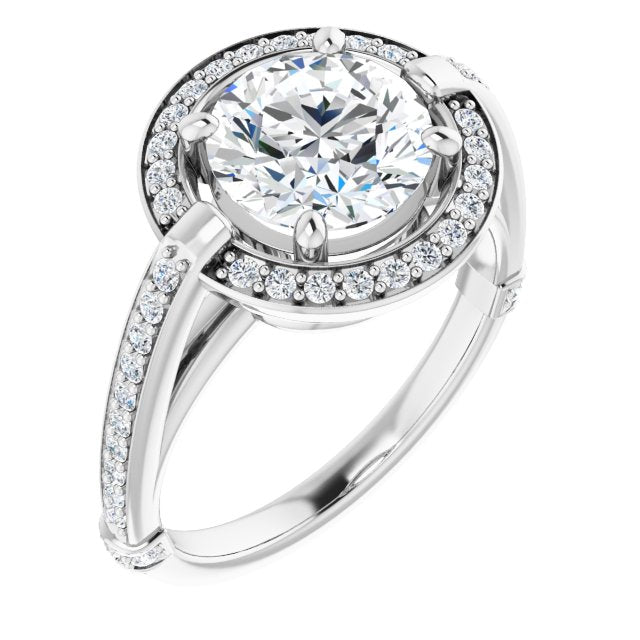 10K White Gold Customizable High-Cathedral Round Cut Design with Halo and Shared Prong Band