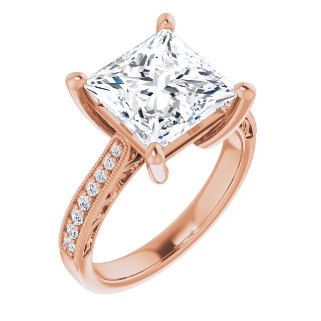 10K Rose Gold Customizable Princess/Square Cut Design with Round Band Accents and Three-sided Filigree Engraving
