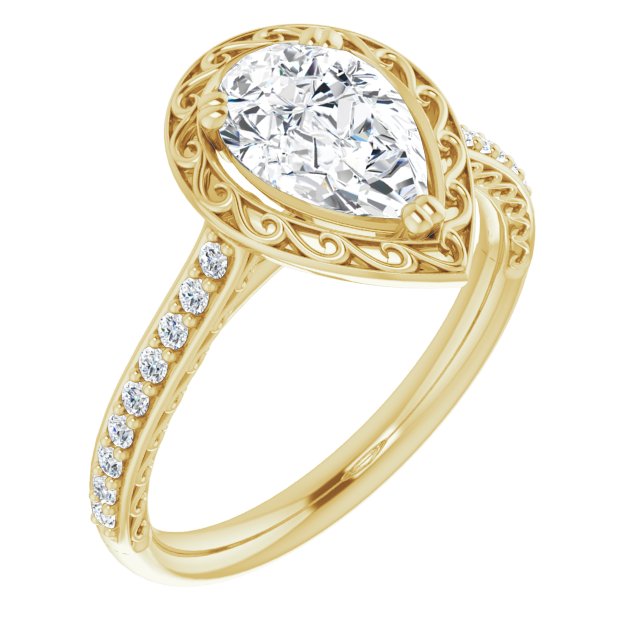 10K Yellow Gold Customizable Pear Cut Halo Design with Filigree and Accented Band