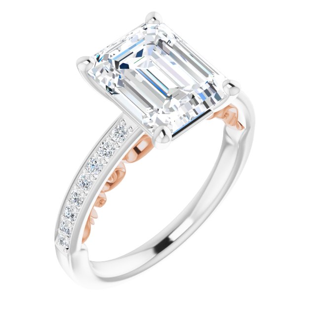 14K White & Rose Gold Customizable Emerald/Radiant Cut Design featuring 3-Sided Infinity Trellis and Round-Channel Accented Band