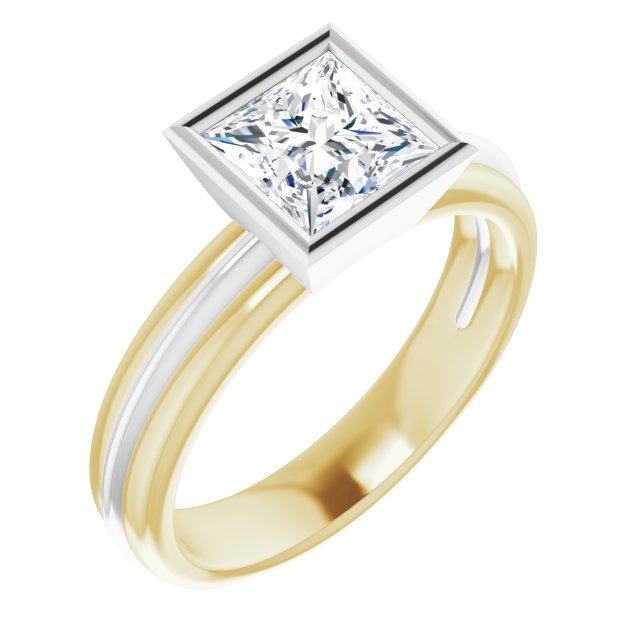 14K Yellow & White Gold Customizable Bezel-set Princess/Square Cut Solitaire with Grooved Band