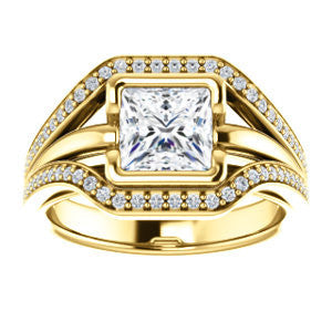 Cubic Zirconia Engagement Ring- The Magdalena Oha (Customizable Bezel-set Princess Cut Style with Wide Tri-split Pavé Band)