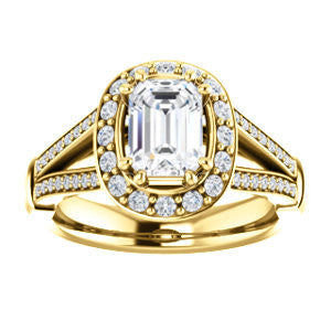 Cubic Zirconia Engagement Ring- The Shaundra (Customizable Emerald Cut with Halo, Cathedral Prong Accents & Split-Pavé Band)